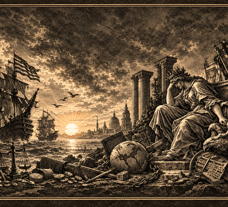 Graphic of lady liberty and the twilight of hegemony