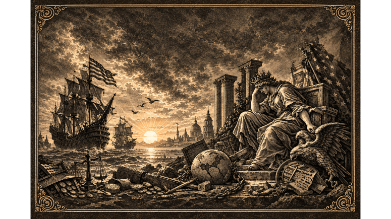 Graphic of lady liberty and the twilight of hegemony