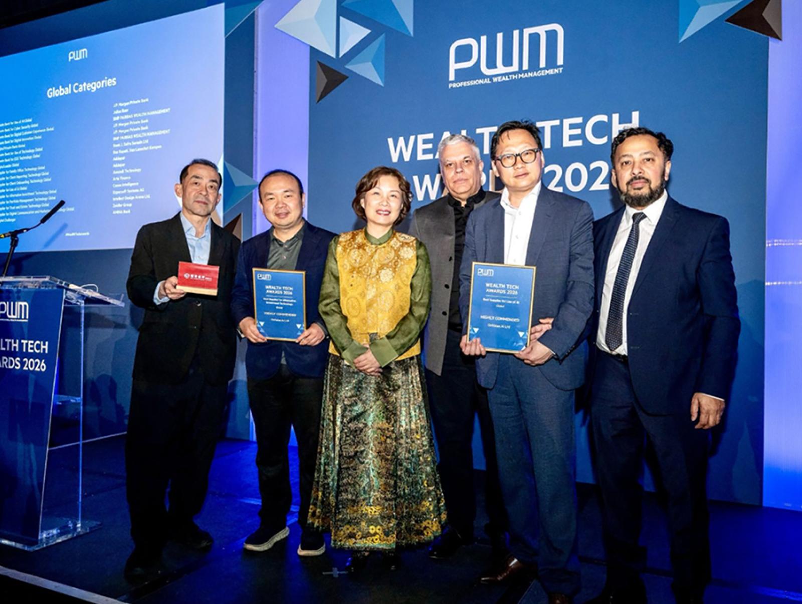 The OxValue.AI team with their two PWM Wealth Tech Awards