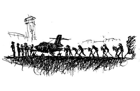 A line drawing of figures at an airport approaching a plane