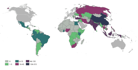 Map showing low-income countries coloured according to number of papers published