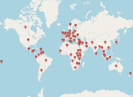 Map showing red pins to highlight specific countries