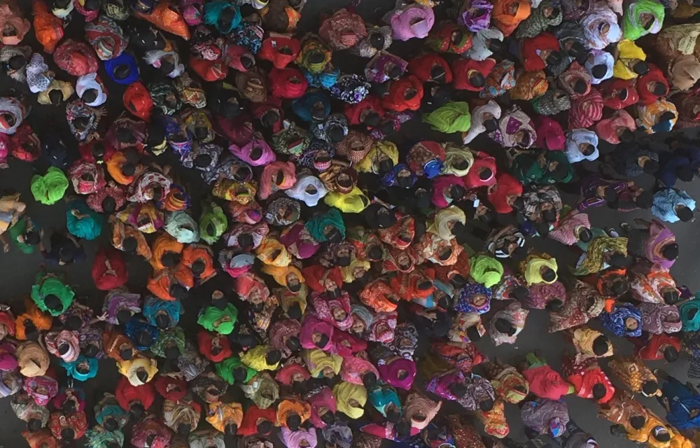 An aerial view of garment workers outside a factory in Bangladesh