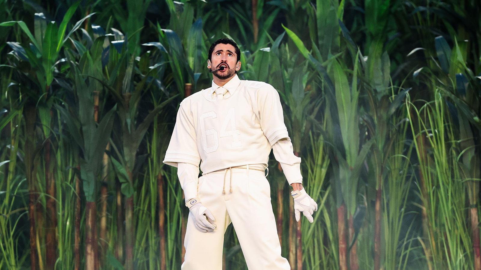 Bad Bunny performing during the Apple Music halftime show at Super Bowl LX at Levi Stadium, Santa Clara, California
